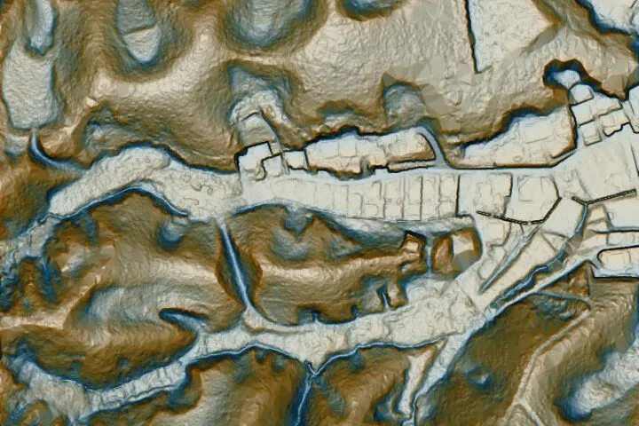 Topographic representation called Yin-Yang Diagram highlighting terrain relief with color shading for ridges and valleys