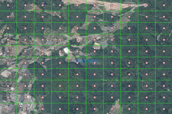 Original aerial view with grid overlay showing forested landscape before processing