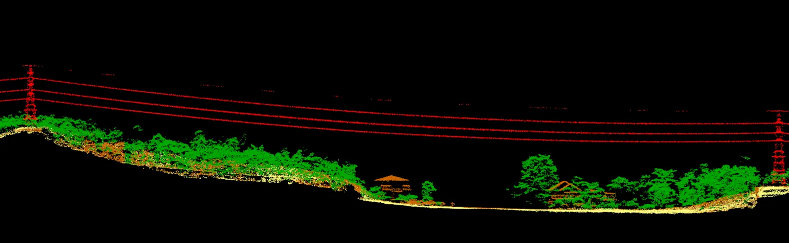 Processed 3D point cloud results highlighting vegetation clearance and proximity to power lines for maintenance analysis