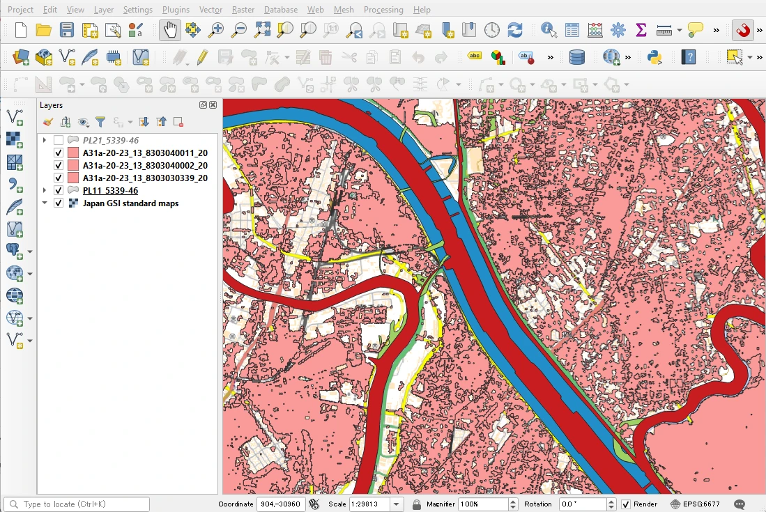 QGIS interface with layered spatial data