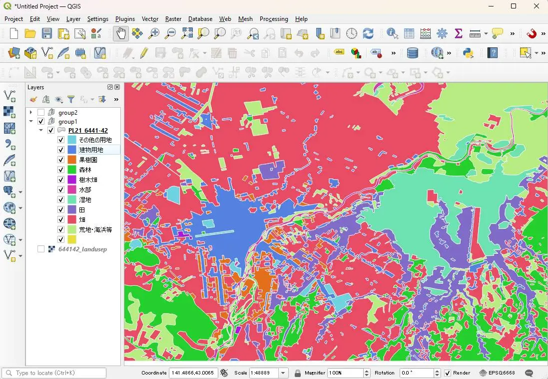 QGIS interface with land use map layers