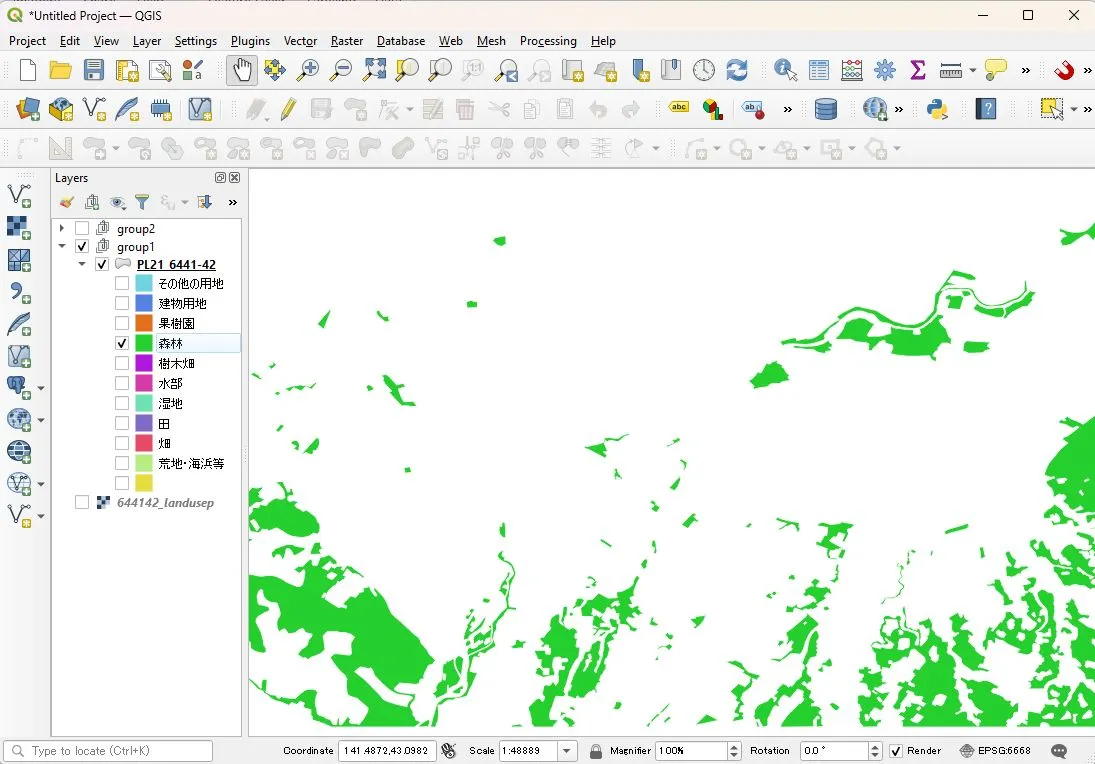 QGIS interface showing forest land use layer